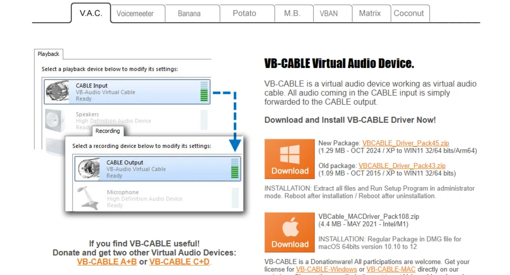 VB-CABLE ダウンロードページ